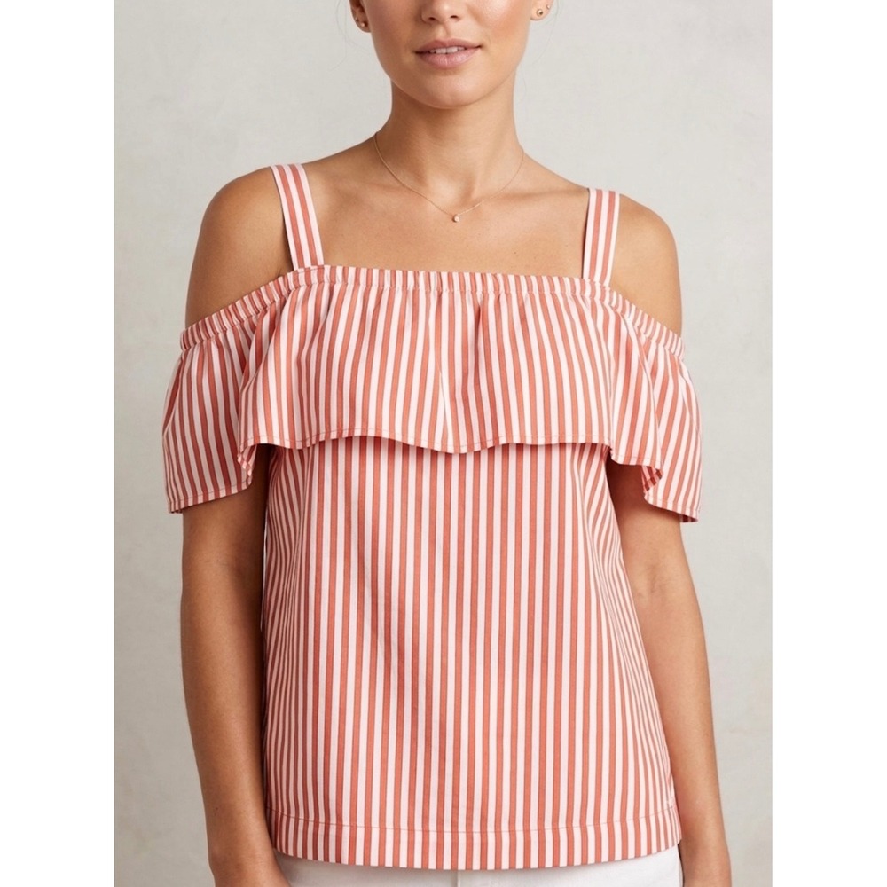 J.Crew‎ Top Size XXS Orange White Striped Ruffle Cold Shoulder Cotton Blouse